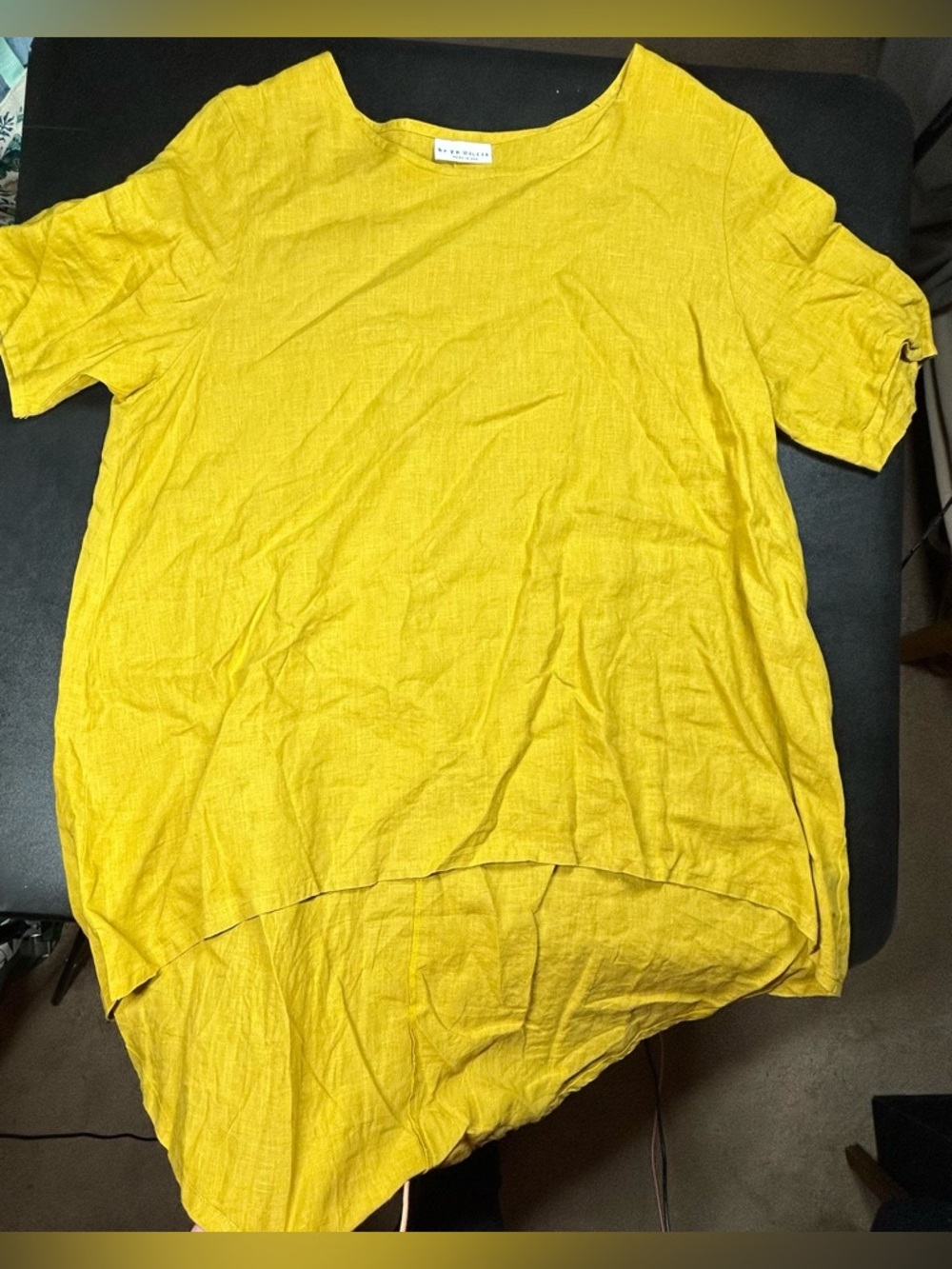 Bryn Walker Women’s Size L Lagenlook Tunic Yellow V-Neck Pocket 100% Linen Top